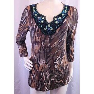 Cable & Gauge Women's S Rhinestones Animal Print Stripes Camo 3/4 Sleeve